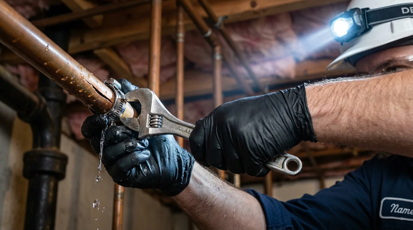 Emergency pipe clamp repair being performed by a Johns Plumbing LLC plumber in Vassar