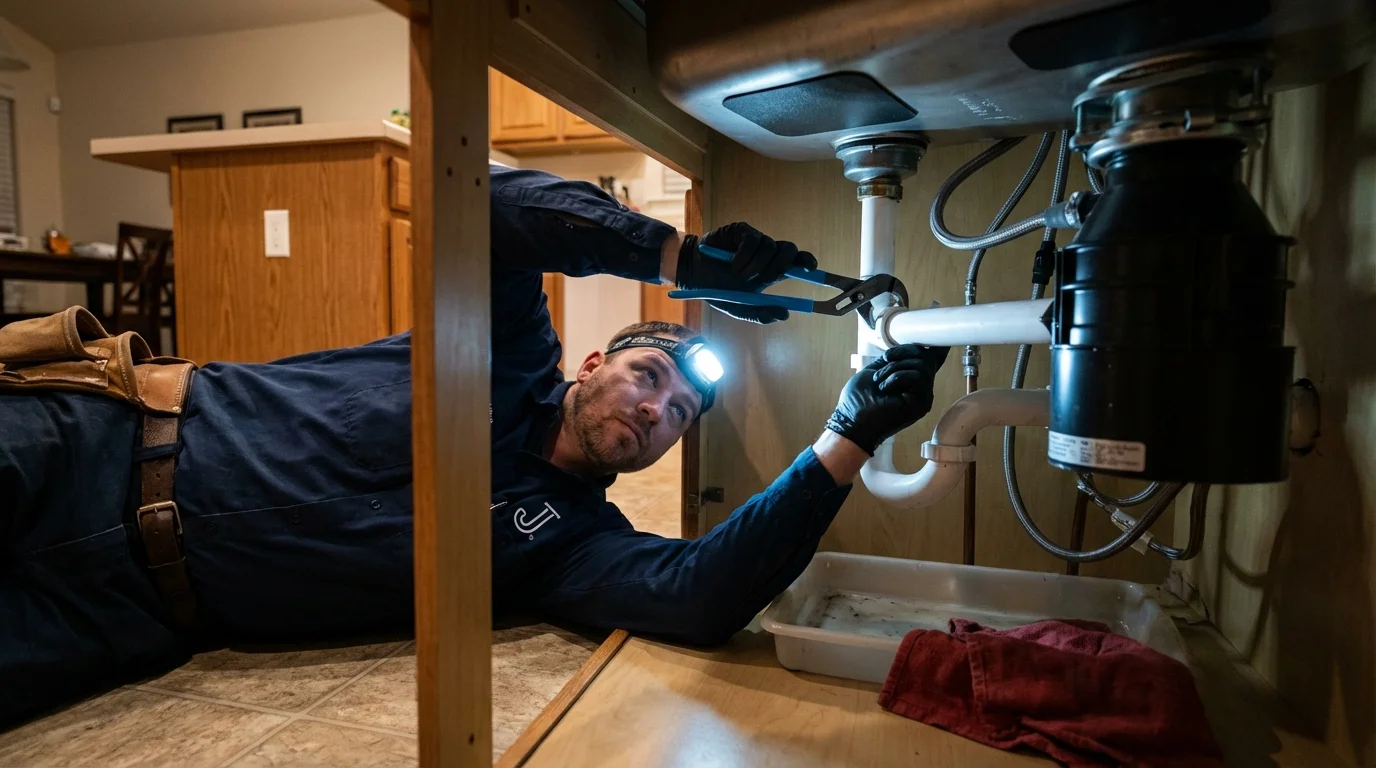 P-trap and supply line connections under a kitchen sink showing a common leak point in Vassar, MI